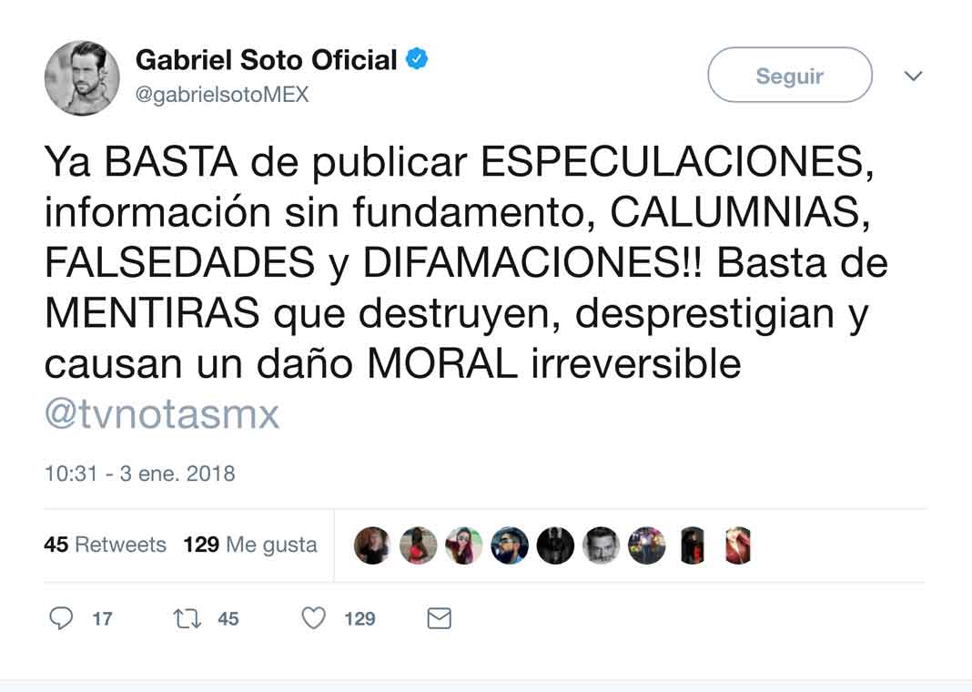 Gabriel Soto también publicó en su Twitter un post negando el romance con Verónica Córdoba
