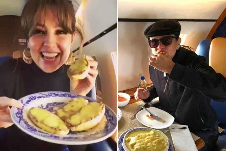 A Thalía se le sale 'la del barrio' comiendo molletes en su avión