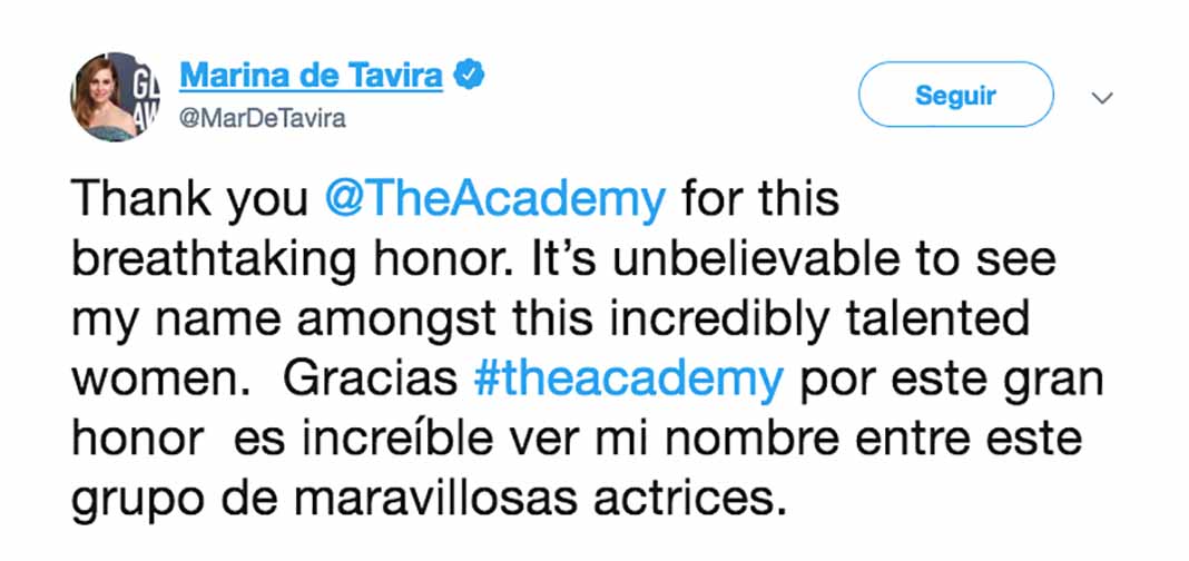 El mensaje de Marina de Tavira a través de Twitter, agradeciendo su nominación