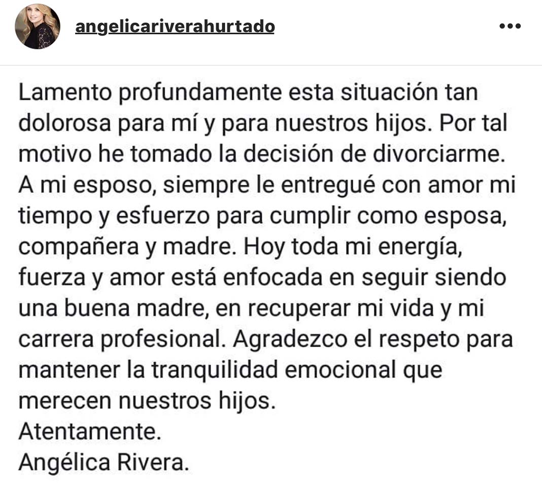 El comunicado oficial de Angélica Rivera