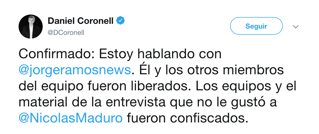 Este es el más reciente mensaje por Twitter de Daniel Coronel, presidente de Noticias de Univision