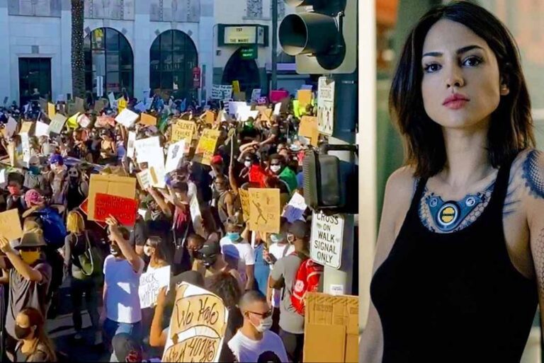 Eiza González se subió a un semáforo en protesta contra el racismo
