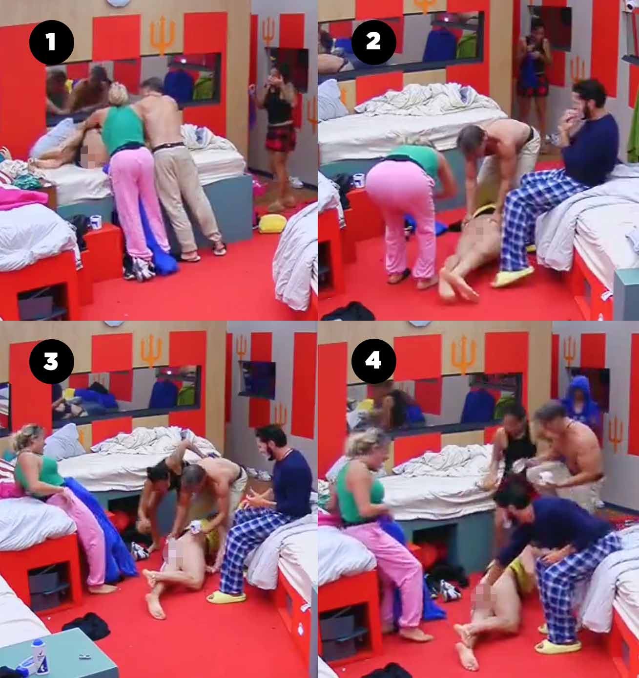 1) Wendy intenta quitarle el short a Nicola, y Sergio se une para ayudarla.  2) Lo desnudan de la cintura para abajo, lo arrojan al piso y la  participante transexual comienza a