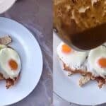 Luego les puso encima dos huevos fritos que se le pasaron de tostados, pero que calificó de crispy, a los que bañó con salsa picante hecha con tomates rojos y verdes a la vez