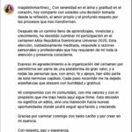 Este es el mensaje que Magdelin Martínez publicó, causando sorpresa entre el público, e incluso entre los organizadores del certamen, quienes no han dicho qué pasará ahora