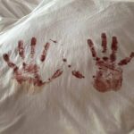 Para el segundo cuadro utilizó la sangre que le quedó en las manos tras recibir la placenta de Evaluna en el nacimiento de su hija Amaranto