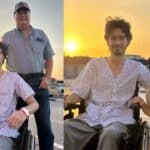 En estas fotografías posando posiblemente con su padre y su hermano, el actor luce muy delgado y aún en silla de ruedas, tomando el sol afuera del hospital