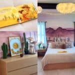Decoró el cuarto al estilo ranchero, con su cama y sobre ella un cuento que mandó hacer con él y su hija en forma de caricaturas, y en que la llama "un sol", de ahí la figura del astro sobre una cómoda